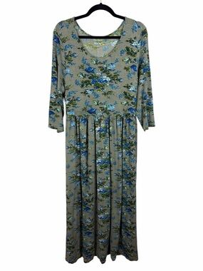 April Cornell Floral Midi Dress Blue Rose Print Boho Prairie Cottagecore Pockets